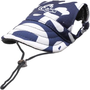 A dog baseball hat in navy blue and white camouflage with an adjustable strap and a logo.