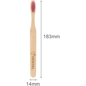 A large flat handle toothbrush made of bamboo with a pink bristle head and an engraved logo.