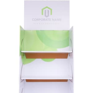 A white cardboard floor display with green accents and a logo at the top, featuring three shelves for products.