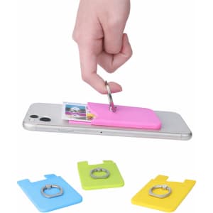 A pink smart wallet with a ring is attached to a phone, alongside yellow and green wallets. The phone is displaying a photo.