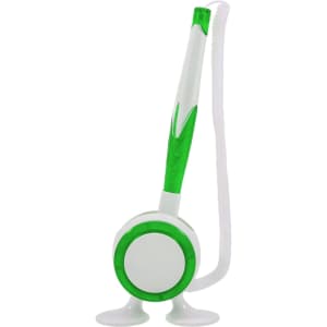 A green and white pen with a round base and a retractable tip, featuring a flexible cord attached to the top.