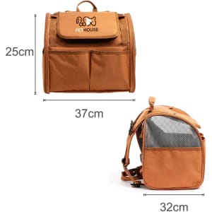 An expandable pet backpack carrier in brown, featuring a removable top flap and mesh side panels.