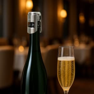 A drink bottle made of dark green glass, topped with a silver stainless steel champagne stopper, beside a glass of sparkling champagne.