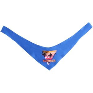 A blue bandana featuring a sunset design with palm trees and 'Summer' text, alongside a logo.