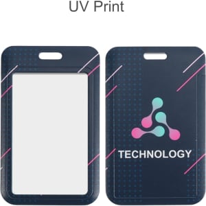 A navy blue ABS single side ID card holder featuring a UV print design with pink and teal accents.