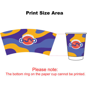 Custom disposable double wall paper cups in purple, yellow, and blue with a circular logo and print size area indicated.