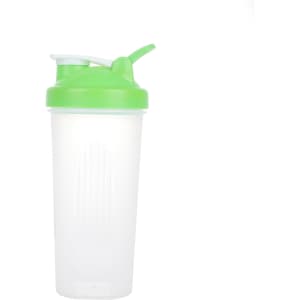 A drink bottle with a transparent body and a green lid and spout, featuring a logo. Holds 600ml and is BPA free.