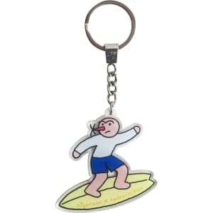 A custom-shaped acrylic keyring featuring a cartoon figure surfing, with a silver keychain and multicoloured design.