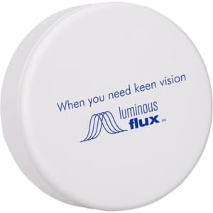 A white circular container with a blue logo and text, designed for holding a product related to vision enhancement.