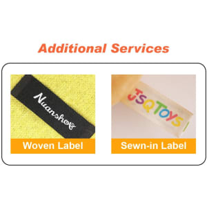 A promotional image featuring a woven label with a logo and a sewn-in label in vibrant colours on a yellow background.
