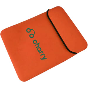 An orange tablet PC bag with a black trim and a logo on the front. The bag features a simple, sleek design.