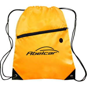 A yellow polyester drawstring bag features a zippered pocket and black accents, along with a logo.