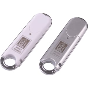 A silver and white O-ring flash drive, each with a keyring attachment and a logo.