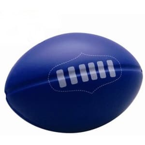 A blue stress Australian football with a decorative logo on the surface, shaped like a traditional rugby ball.