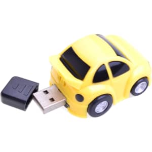 A yellow car-shaped flash drive with black accents and a USB connector protruding from the back.
