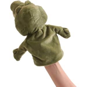 A green crocodile hand puppet made of soft material, designed for fun and interactive play.