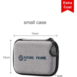 A small, grey zippered case with a logo on the front, measuring 14cm by 10cm by 4cm.