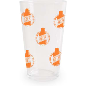 A clear glass tumbler featuring an orange logo design. The glass has a simple, sleek shape.