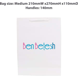 A white medium vertical paper bag with a fabric flat handle, featuring a logo on the front.