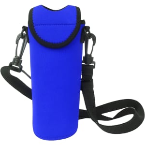 A drink bottle cooler in bright blue with a black strap and clips for easy carrying. It has a logo on the side.