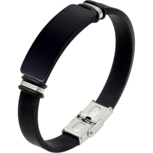 A black colour engraved bracelet featuring a sleek design and a silver clasp, with metallic accents.