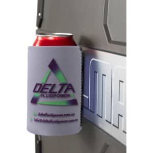 A drink can holder in grey featuring a logo, designed to keep beverages cool and secure.