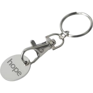 A silver enamel trolley coin keyring with a clip and a circular tag featuring the word "hope".