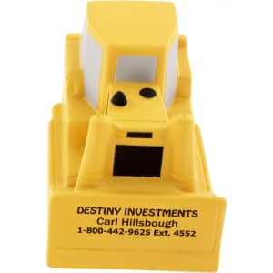A yellow bulldozer-shaped stress reliever with a black base. It features a logo and text on the front.