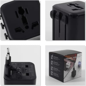 A black mini universal travel adapter with multiple plug configurations and a compact design. Includes a box for packaging.