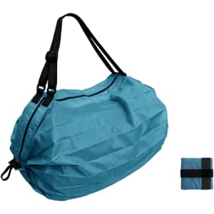 A foldable shopping shoulder bag in a light blue colour, featuring black straps and a compact folded version beside it.