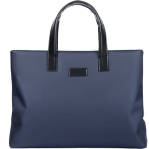A nylon briefcase in navy blue with black handles and a simple logo.