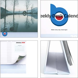 A desk calendar with a scenic cover image, featuring a blue logo and a white stand, displaying a January 2026 page.