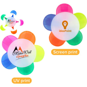 A flower-shaped highlighter featuring five colours: pink, orange, yellow, green, and blue. It has branding on a central white section.
