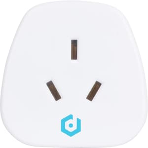 A white travel adapter designed for use from AU to UK, featuring three prongs and a branding logo.