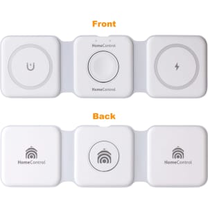 A foldable MagSafe wireless charger in white, featuring three charging pads on the front and a logo on the back.