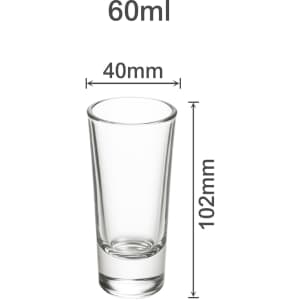 A set of six clear glass shot glasses, each 60ml, with a height of 102mm and a diameter of 40mm.