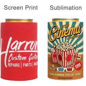 A drink bottle stubby holder in red with a logo, alongside a colourful retro cinema design stubby holder.