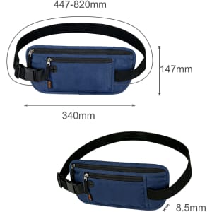 A blue fanny pack with dimensions displayed, featuring multiple zippered pockets and an adjustable strap.