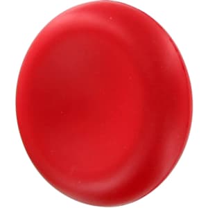 A red, round stress reliever featuring a smooth surface. It has a logo on one side.