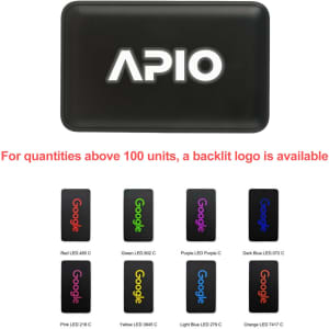 A power bank with a black finish and a prominent logo, available in multiple colours.