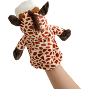 A playful giraffe hand puppet with brown and cream spots, held by a hand. Features soft ears and a tufted mane.