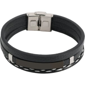 A multi-layer braided leather bracelet in black, featuring silver-tone accents and a sleek clasp.