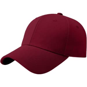 A maroon baseball cap with a hard top and a curved brim, featuring a logo on the front.