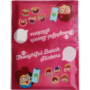 A pink packet of pocket tissues featuring cartoon stickers and a logo, with white tissue compartments.