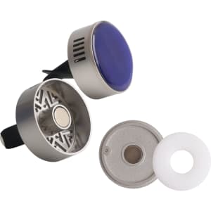 A car clip air freshener in silver and purple with interchangeable parts and a metallic finish. It includes a logo.