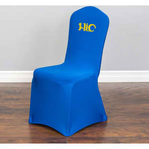 A blue fitted banquet chair cover with a logo, designed for event use.
