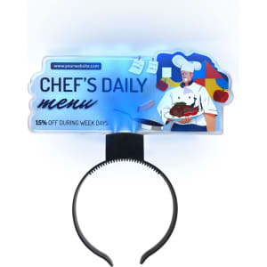 A light-up acrylic sign headband featuring a chef design in vibrant colours, with a black headband.
