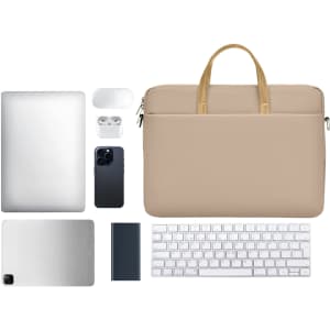 A beige laptop bag with handles, surrounded by a laptop, tablet, phone, earbuds, and a keyboard.