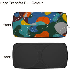 A twin circular sunshade featuring a colourful front design with abstract shapes and a plain black back.