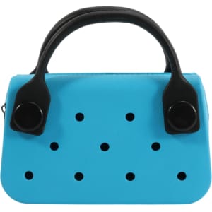 A small handbag in bright blue with black handles and holes on the front, featuring a logo.